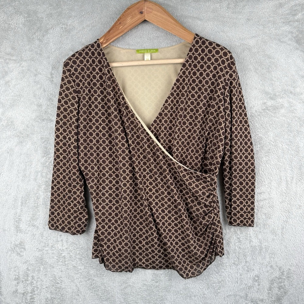 Sigrid Olsen Shirt Womens Large V-Neck Faux Wrap 3/4 Sleeve Geometric Brown Tan